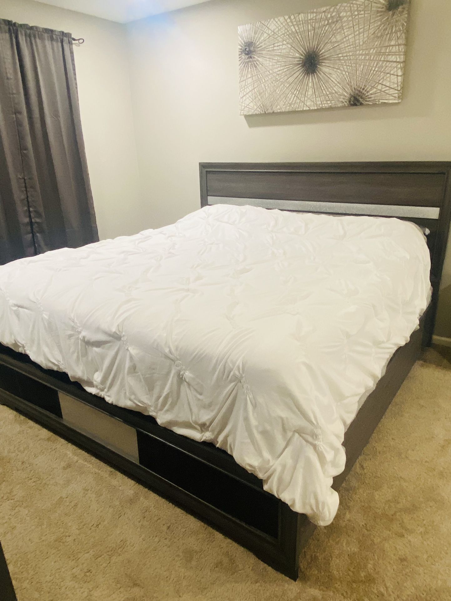 King size gray Bedframe, king size mattress and box spring.