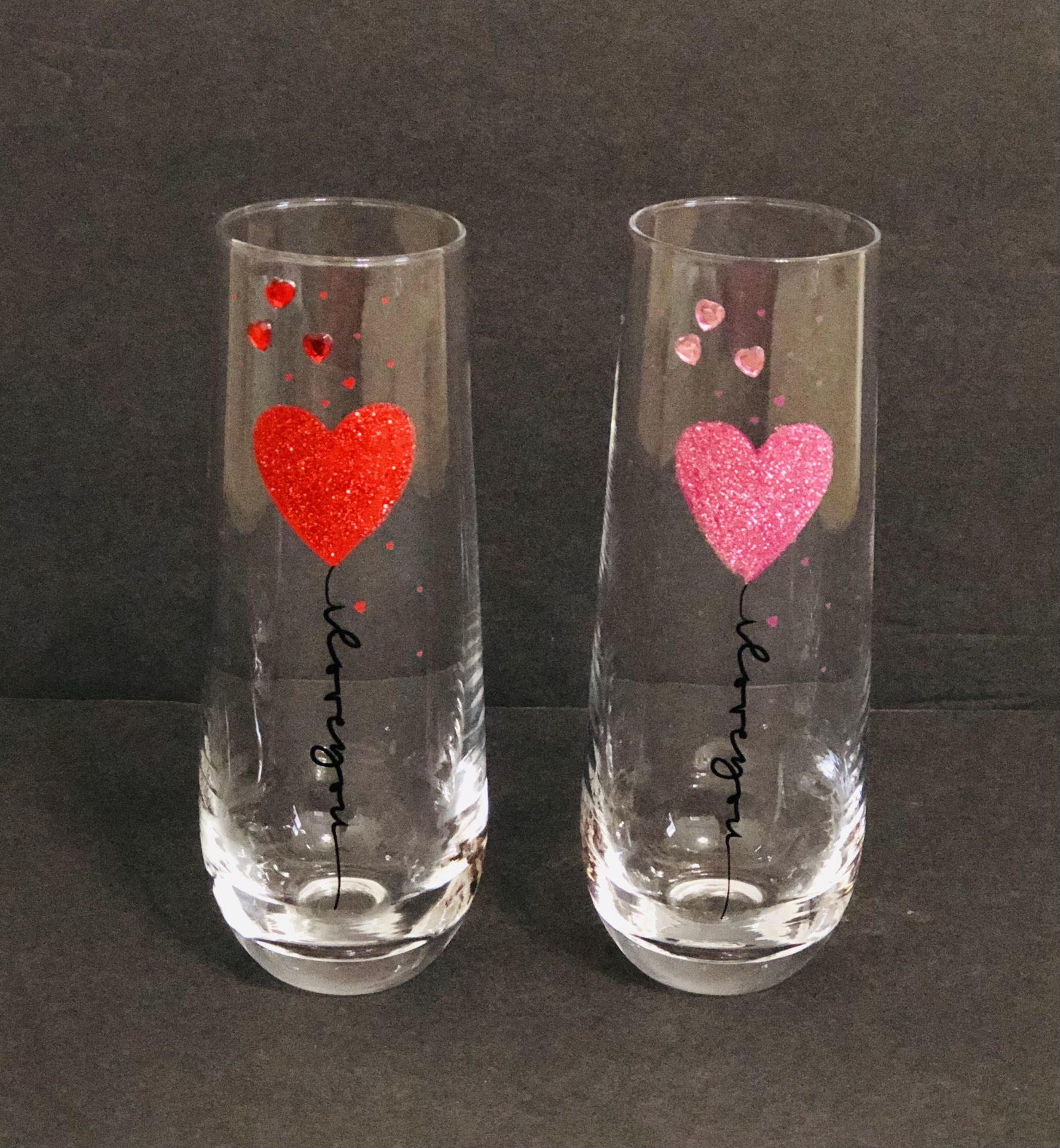 2 New Stemless Champagne Drinking Glasses Hearts I Love You