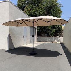 (New) $115 Large 15x9 FT Double Sided Umbrella with Weight Base set (Beige color) 