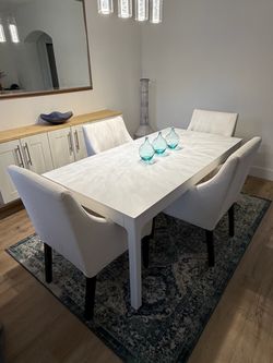 White Dining Table with 4 Upholstered Chairs