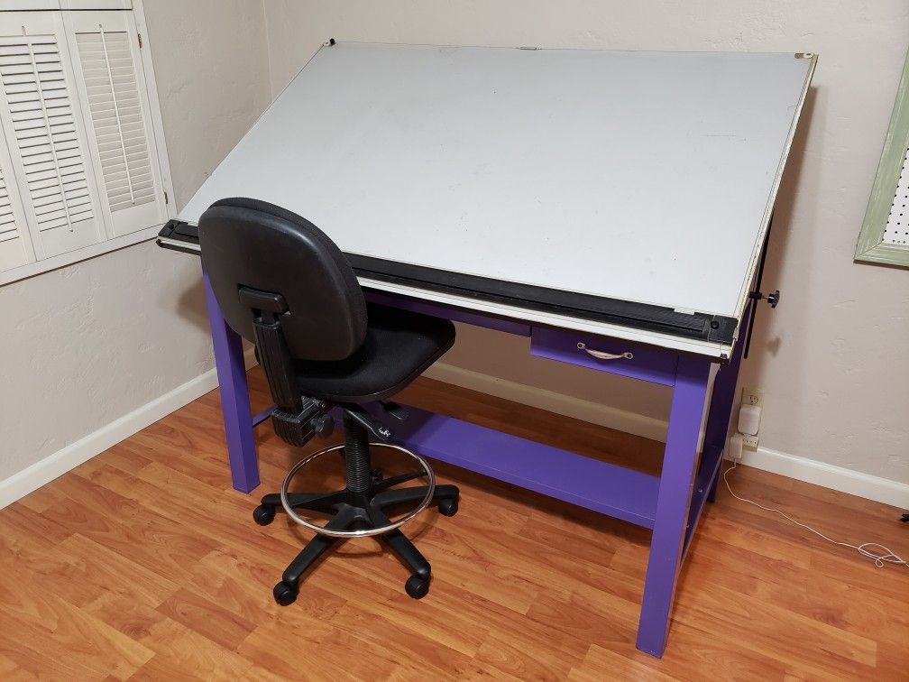 Vintage Industrial Drafting Table And Chair