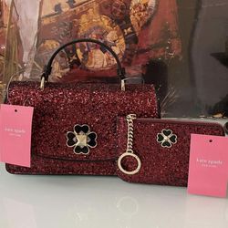 NWT! Authentic Kate Spade Odette, Black Cherry Glitter Top Handle Crossbody & Matching Keychain Wallet ♥️