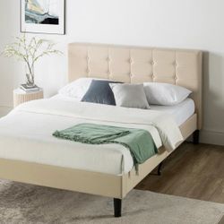 Beige Upholstered Platform Bed Frame