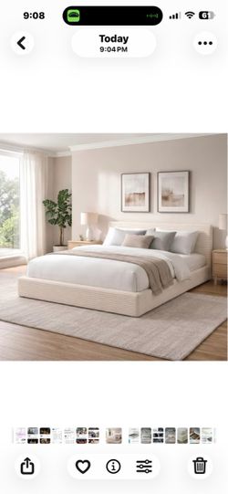 Novilla Full Size Corduroy Upholstered Platform Bed Frame with Headboard - White