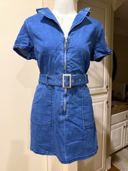Bright Blue Denim Zip Front Mini Dress Women's Medium Belted Stretch Jean Dress