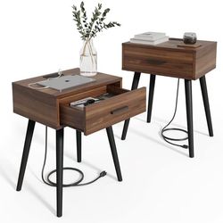 HAIOOU Set of 2 Mid Century Nightstand with Charging Station,