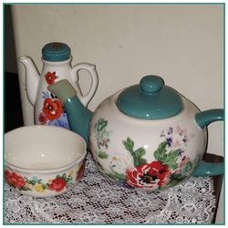 X3 NEW FLORAL FLOWER PIONEER WOMAN TEAPOT TEA COFFEE POT SUGAR BOWL DISH CREAMER SET
