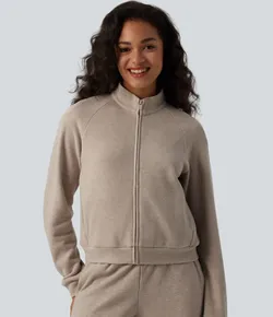 NWoT HALARA Stand Collar Ribbed Zip Up Bomber Sweater Jacket in Beige M