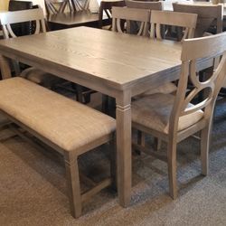 Brand New Gray Dining Table (60"×36"×30"H) + 4 Gray Linen Chairs + Bench