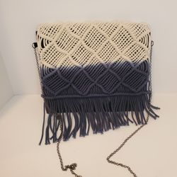 Venus Ombre Macrame Crossbody Shoulder Bohemian Bag Hand Dyed Blue Ivory Purse