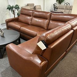 Furniture- 4 Pc Real Top Grain Leather Sectional With 2 Power Recliners- Gabrine