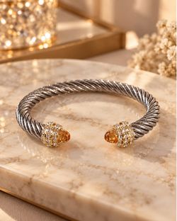 Elegant Silver Cable Bracelet – Amber & Gold Accents ✨