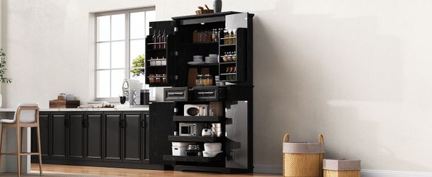 K&K 71 Tall Kitchen Pantry Cabinet with 3 Pull Out Cabinet Organizers, Farmhouse Embossed Texture Storage Cabinet with 6 Door Shelves, 2 Drawers, Free