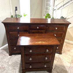 Sold wood dresser64” x18”x 38” height and night stand some scratches on only  night stand