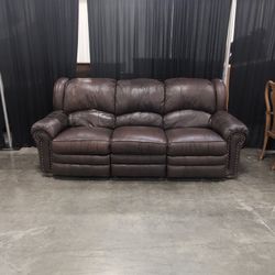 Dark Brown Leather Rolled Arm Couch with Nailhead Trim