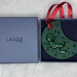 Lalique Christmas Ornament Cherub On Moon Shape-Green-BOXED