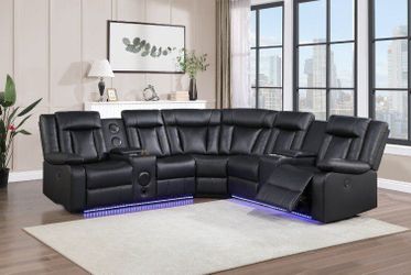 Sleek & Contemporary Power Reclining Sectional w/Bluetooth Speakers, LED Light & Console