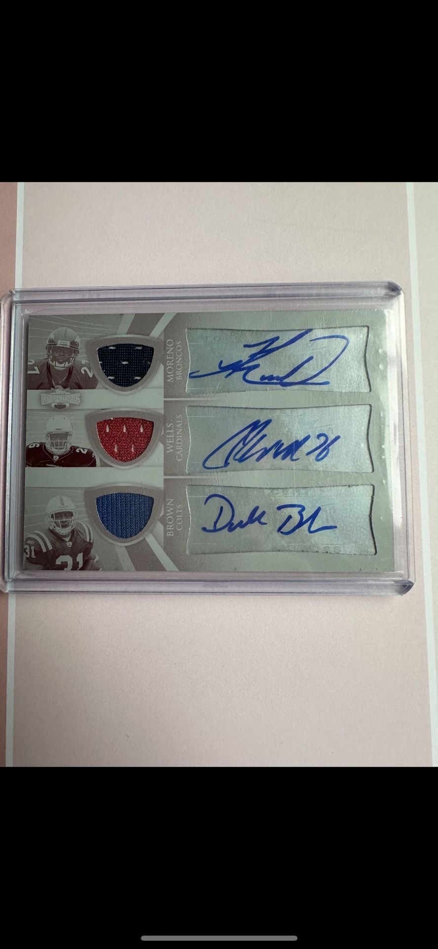 Donald Brown Colts, Chris Wells Cardinals & Knowshon Moreno Broncos Autographed Football Memorabilia Card. 2009 Topps 1 of 1