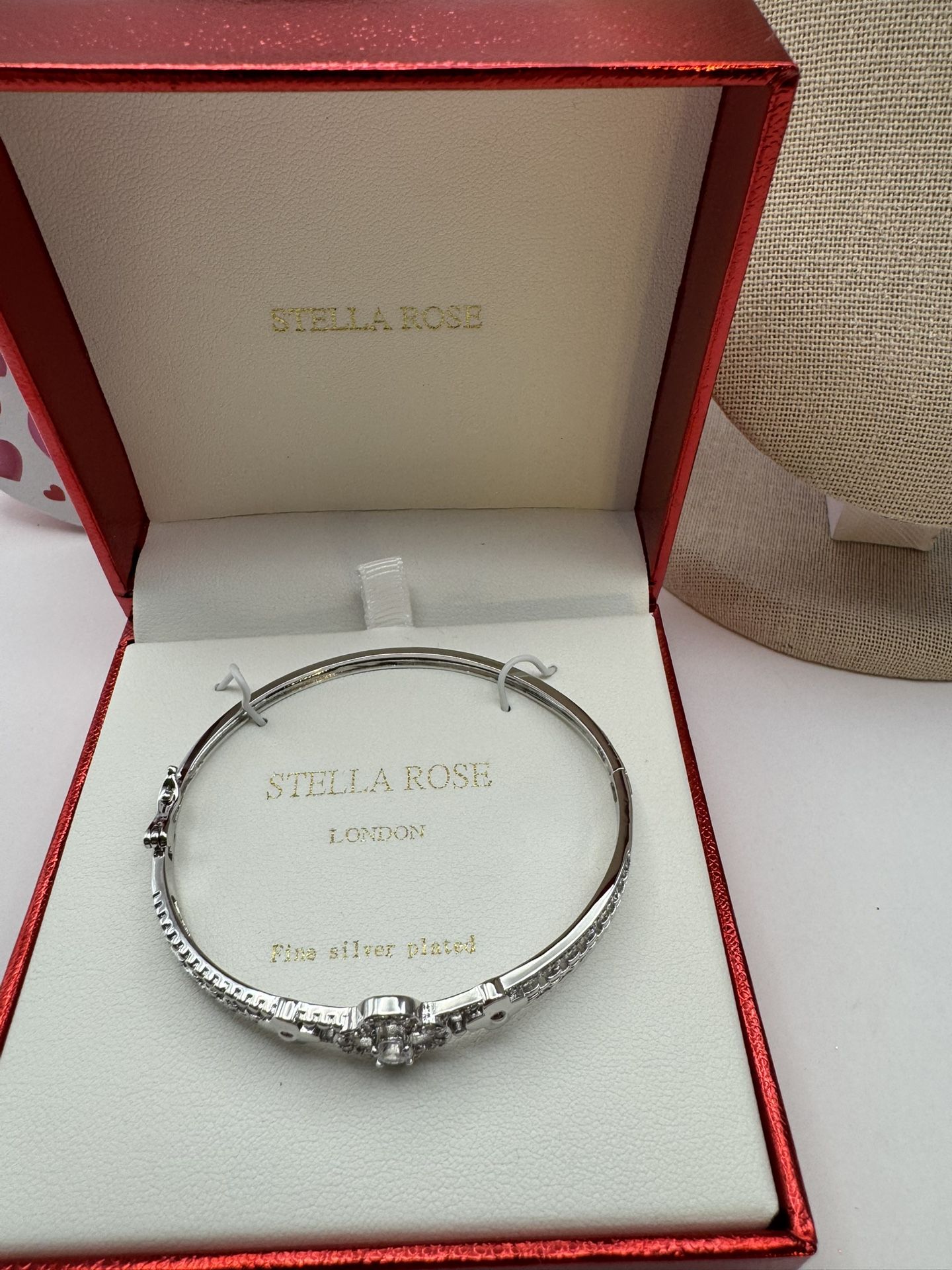 Stella Rose Of London Fine Silver Played Bangle CZ Diamond New In Original Box