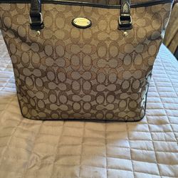 Coach Brown Signature/ Leather Shoulder Tote Bag