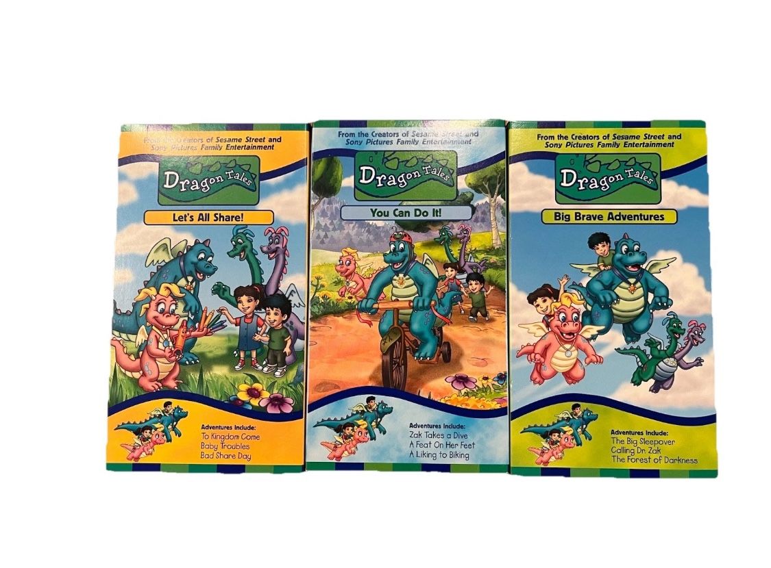 Dragon Tales VHS Tape Lot Let’s All Share, Big Brave Adventure Set 3 Vintage