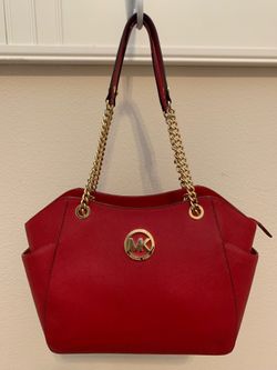 Michael Kors Red Leather Shoulder Tote Bag