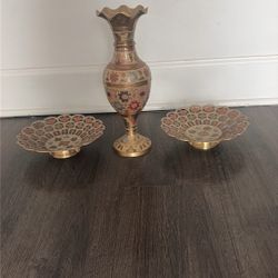 Vintage Brass Floral Vase & Bowls