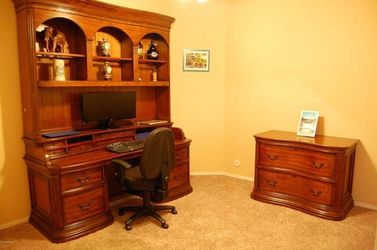 Cherry executive computer desk with hutch and 2 drawer credenza.