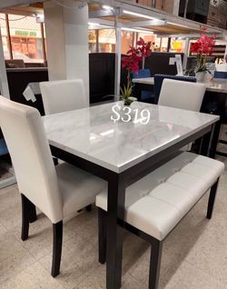 5-pc dining table set white faux marble table top