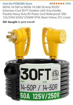 14-50P to NEMA 14-50R 50 Amp RV/EV Extension Cord 30 FT Outdoor with Grip Handle, Flexible Heavy Duty RV Power Cord Waterproof, 50A 125/250V 6250/1250