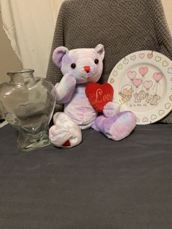 Glass Heart, Teddy Bear 🧸 W/red Heart, Plate