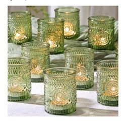 24pcs Green Votive Candle  Holder Vintage Depression Glass Candle Holders for Table Centerpiece