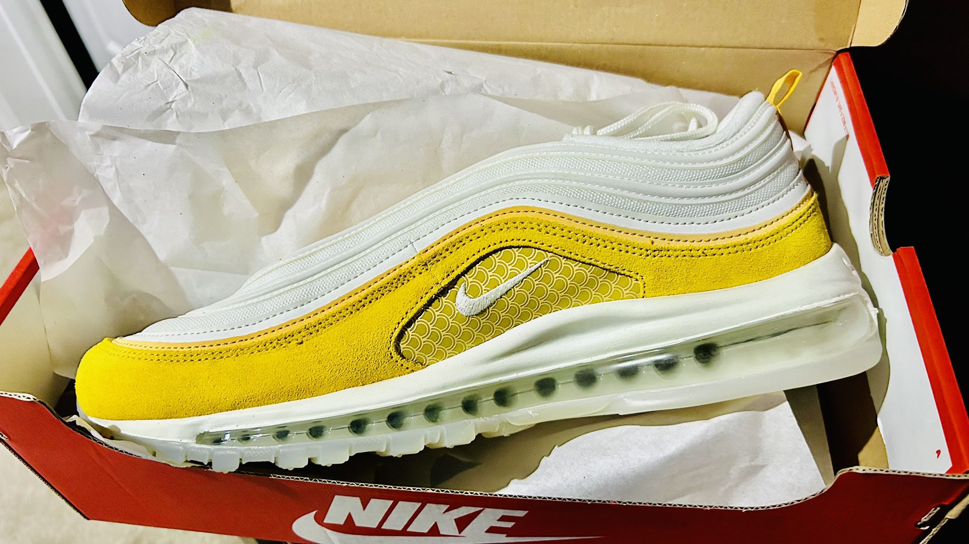 Men’s Nike Air Max 97 PRM Koi Gold Yellow Summit White/ Atlantic shoes/ snickers