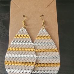 Tan, Gold And Silver Teardrop Earrings With Gold Glitter Back
