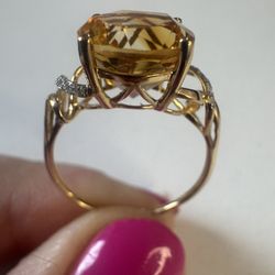 14k yellow gold natural Citrine , diamonds new ring 8 size