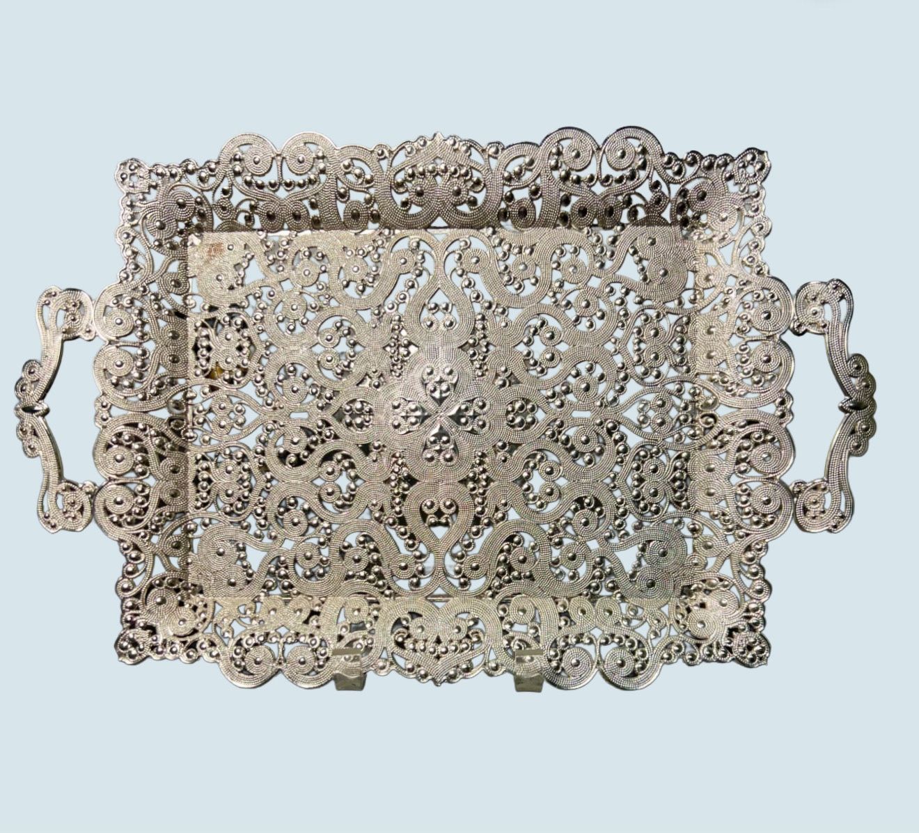 Yiğit Turkey 2000s Ornate Pierced Silver-Tone Tray, 15.5x10”