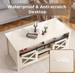 Farmhouse Coffee Table with Storage 41.7" High Glossy Desktop Coffee Tables with Sliding Barn Door, Rustic Center Table for Living Room