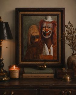 Vintage Sad Clown Portrait Painting Signed
