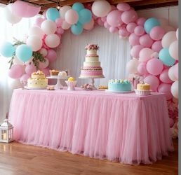 Yoquare 1-Pack Pink 2-In-1 Tulle Tablecloth For 6-Foot Rectangular Table – Stretch Fitted Table Skirt & Cover For Baby Shower, Bridal, Birthday, Princ