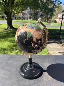 Decorative World Globe with Semi-Precious Stone Inlay & Brass-Tone Stand