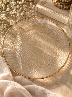 Hammered clear glass charger plates with gold rim