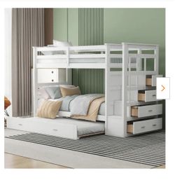 White Twin Over Twin Wood Bunk Bed with Trundle and Storage Staircase