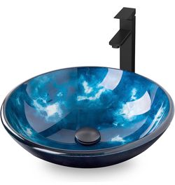 Bathroom Artistic Vessel Sink, Tempered Glass Vanity Round Bowl with Oil Rubber Bronze Faucet and Pop up drain Set, Ocean Blue @pallet-613