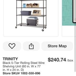 TRINITY Black 5-Tier Rolling Steel Wire Shelving Unit (60 in. W x 77 in. H x 24 in. D)