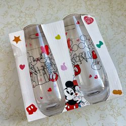 Valentines Day Disney Mickey & Minnie Hearts 2 Stemless Flute Champagne Glasses