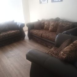3 Piece Brown Leather and Material Sofas, Loveseat ,and Chair