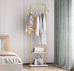 New Gold Clothing Rack, Freestanding with Metal Shelves and Natural Marble Base