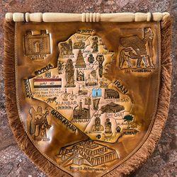 Decorative Leather With A Wooden Dowel For Hanging Of Iraqi Map & Landmarks