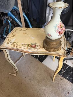 Floral painted side table and lamp
