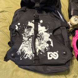 Backpack, Quad skates, and Pad set
